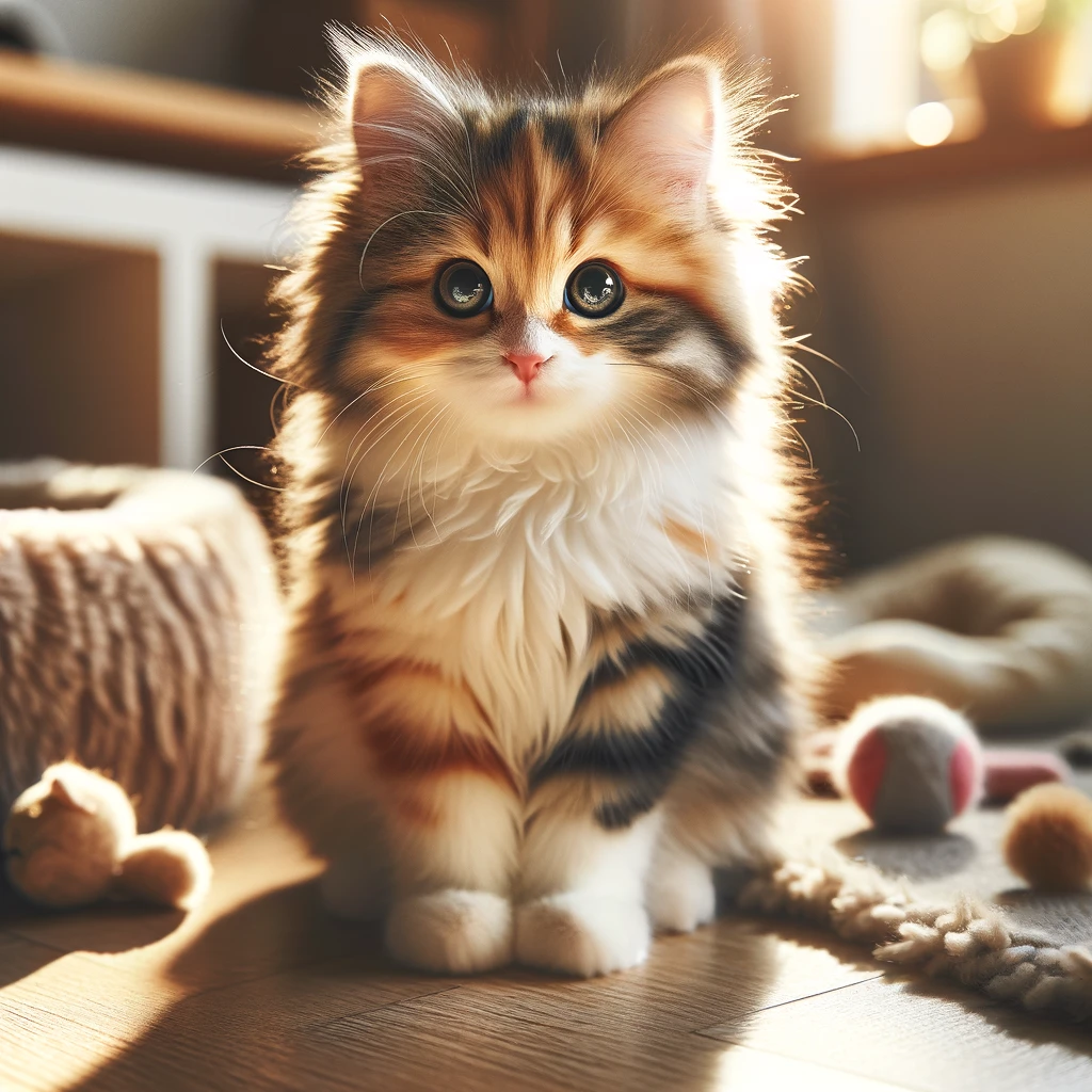 An image that looks like a soft focus photo of a fluffy orange, grey and white ragdoll kitten sitting on its haunches. Around it is a cat bed, a rug and cat toys.