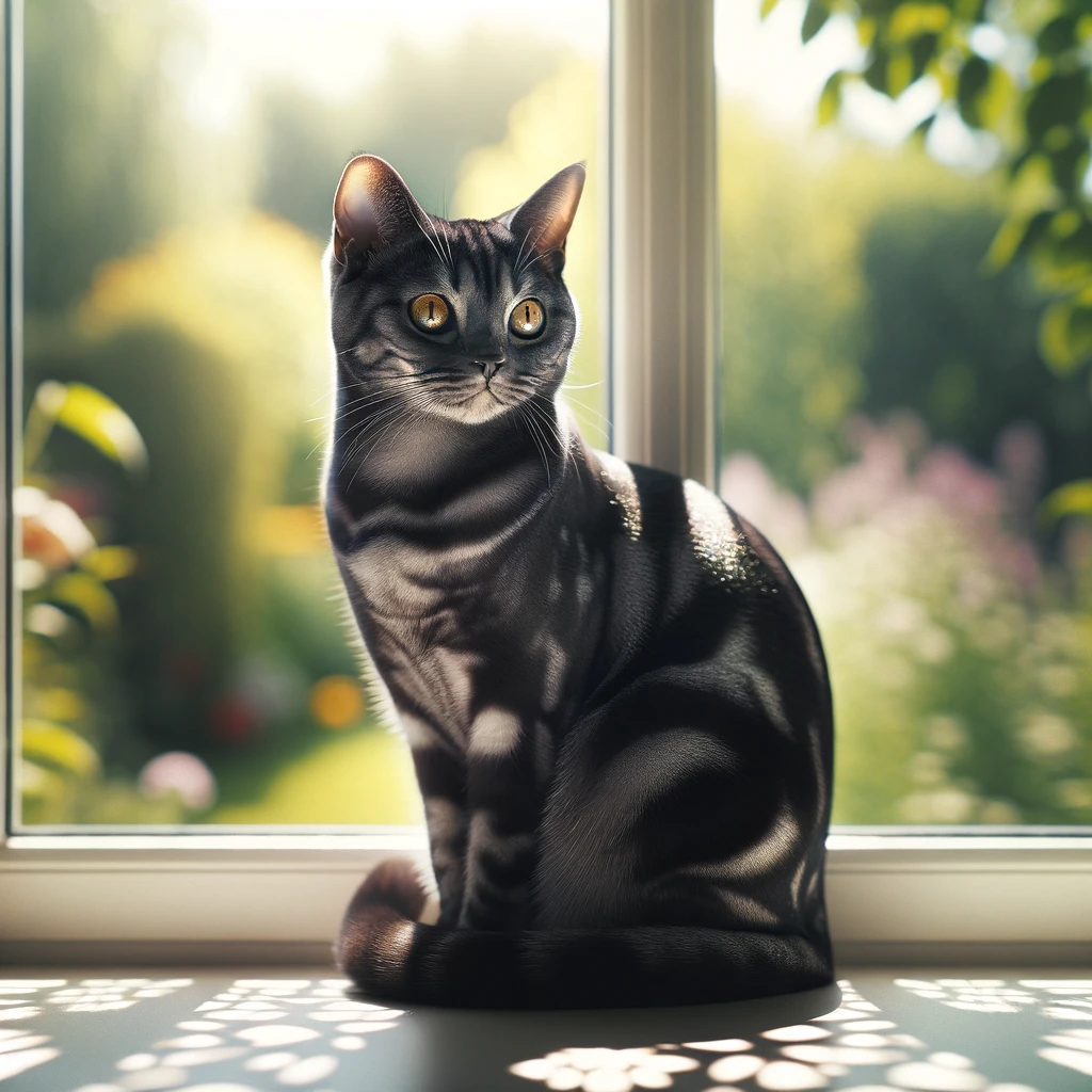 An image that looks like digital art of a domestic shorthair cat with light and dark grey fur sitting on its haunches on a window sill with a blurred garden behind it.