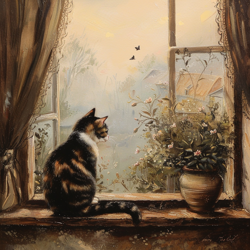 A image that looks like a painting of a domestic shorthair cat with dark brown, orange and white fur sitting on its haunches on a window sill in front of an open window with houses, trees and birds visible outside.