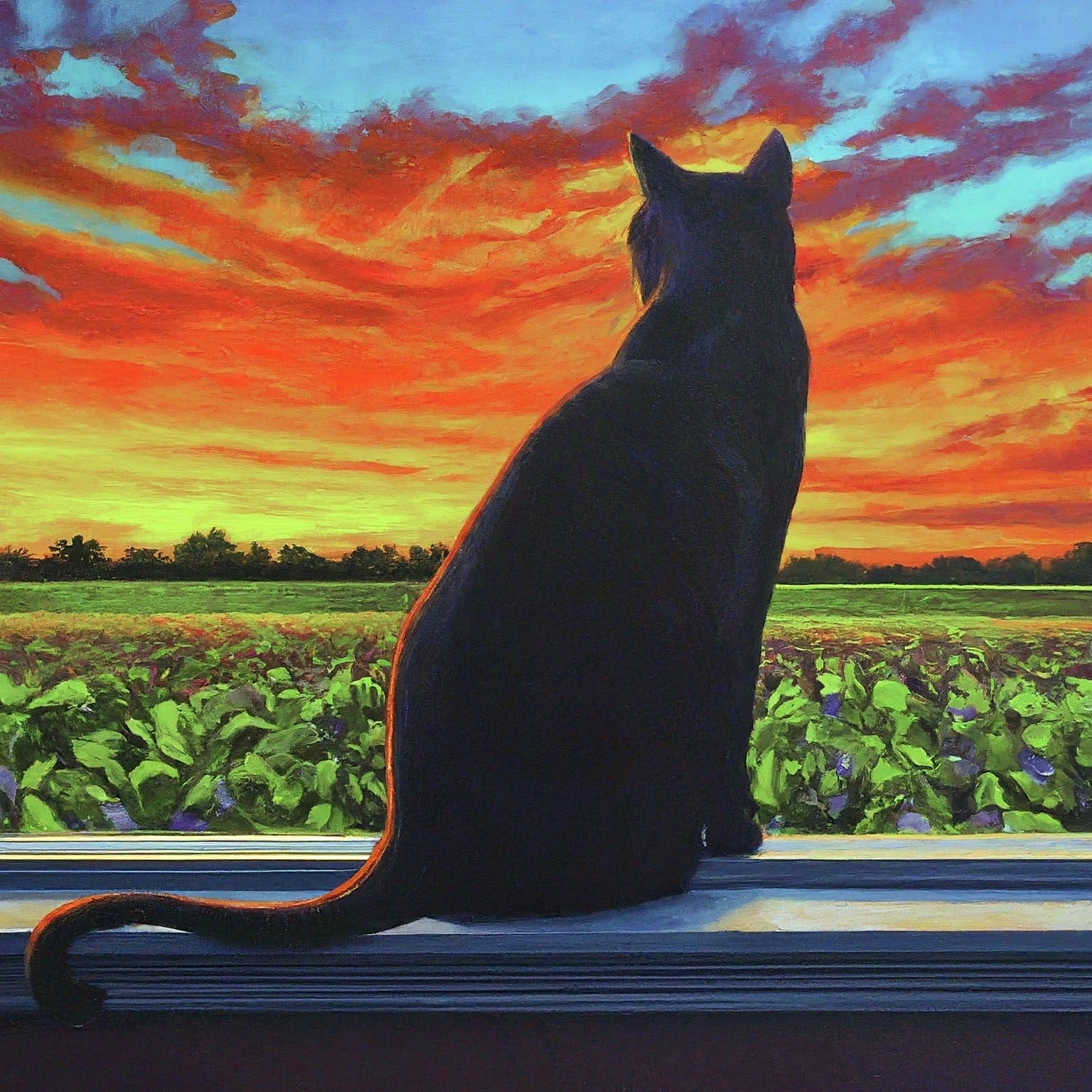An image that looks like a painting of a cat sitting on its haunches on a window sill silhouetted against a colourful red, orange and blue sky, dark green tree line and bright green crops.