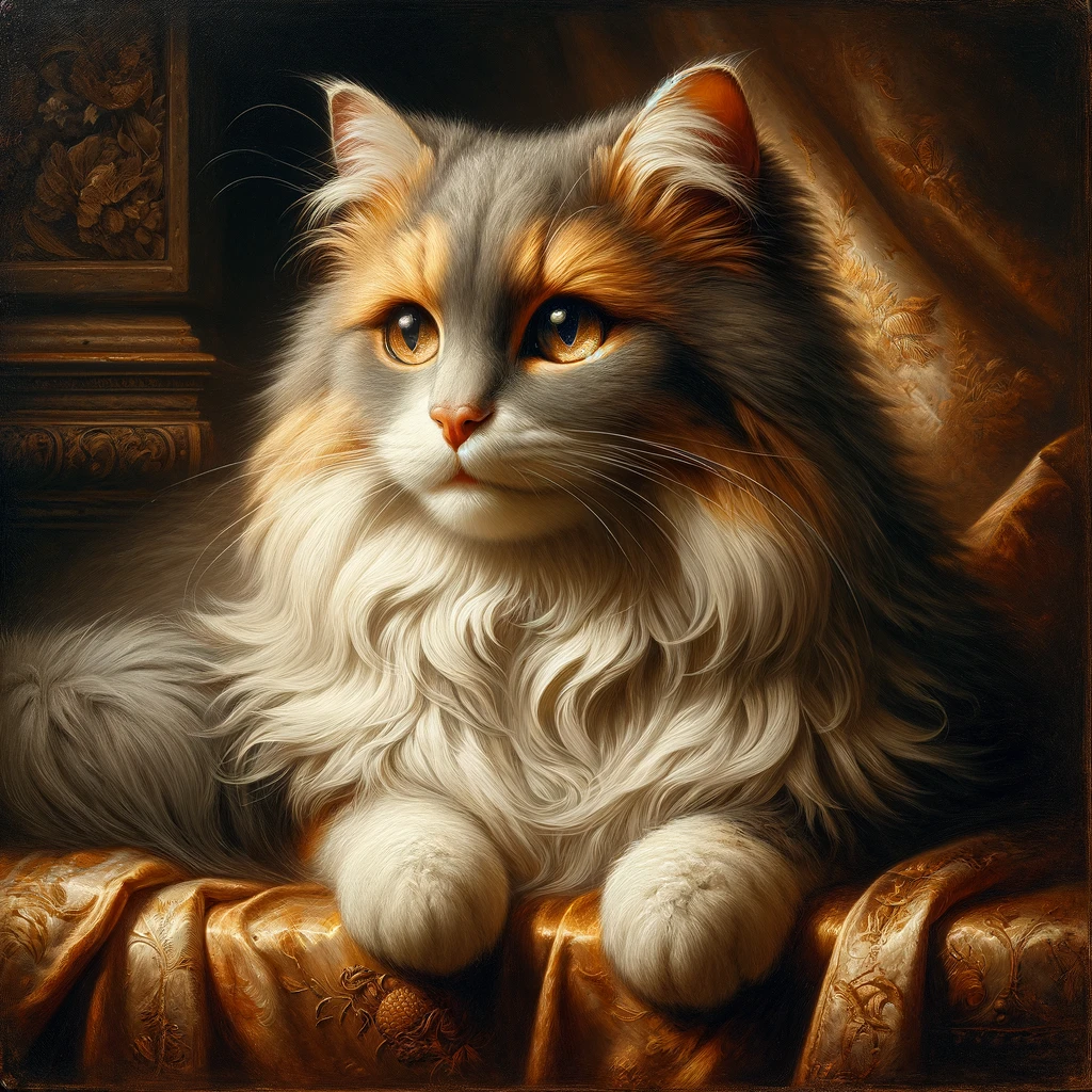 An image that looks like an oil painting of a fluffy orange, light grey and white ragdoll laying on on an elaborate tapestry.