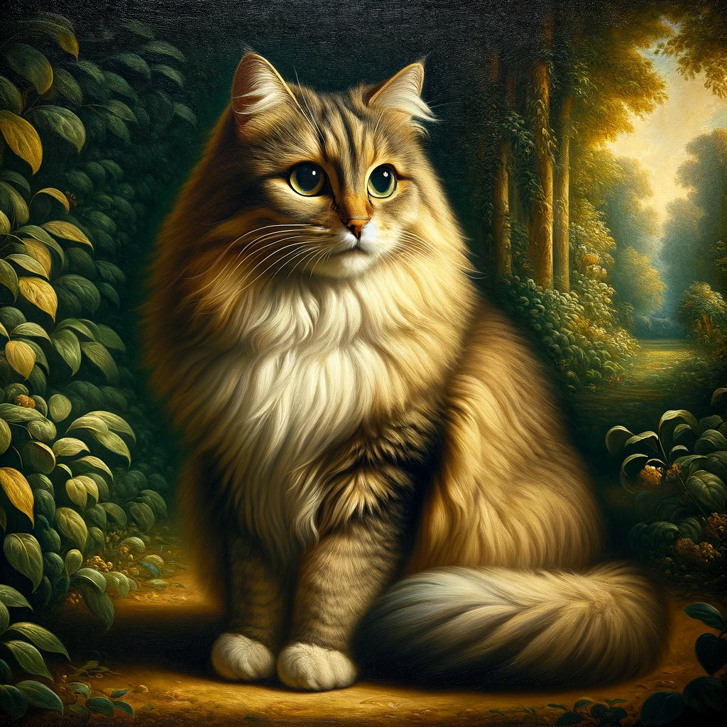 An image that looks like an oil painting of a fluffy cream and tan coloured ragdoll sitting on its haunches against a background of woodlands with leafy foliage to the cat' left and tall trees and underbrush extending into the background on its right.
