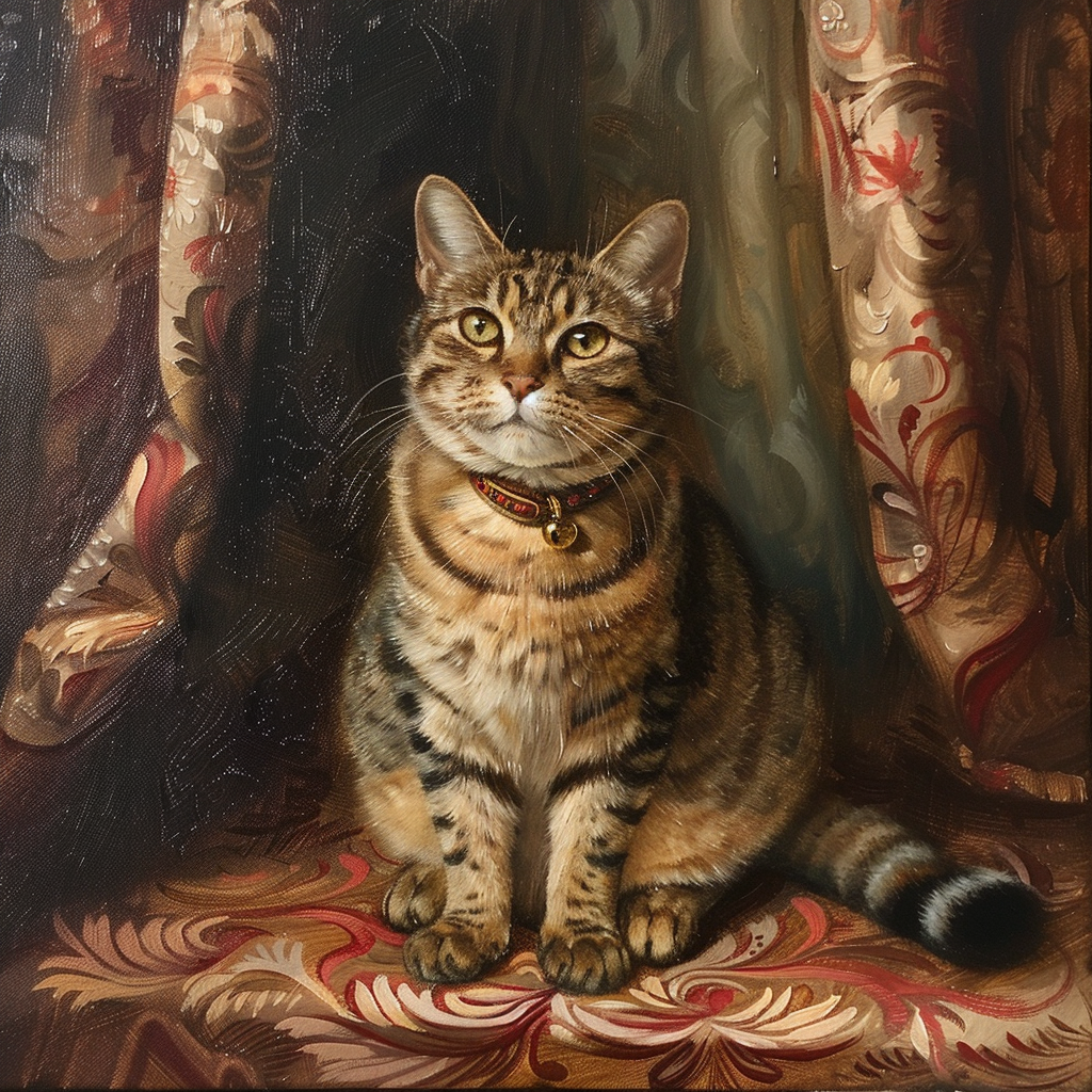 An image that looks like an oil painting of a domestic shorthair cat with light and dark brown, orange and cream fur sitting on its haunches on an elaborate tapestry.
