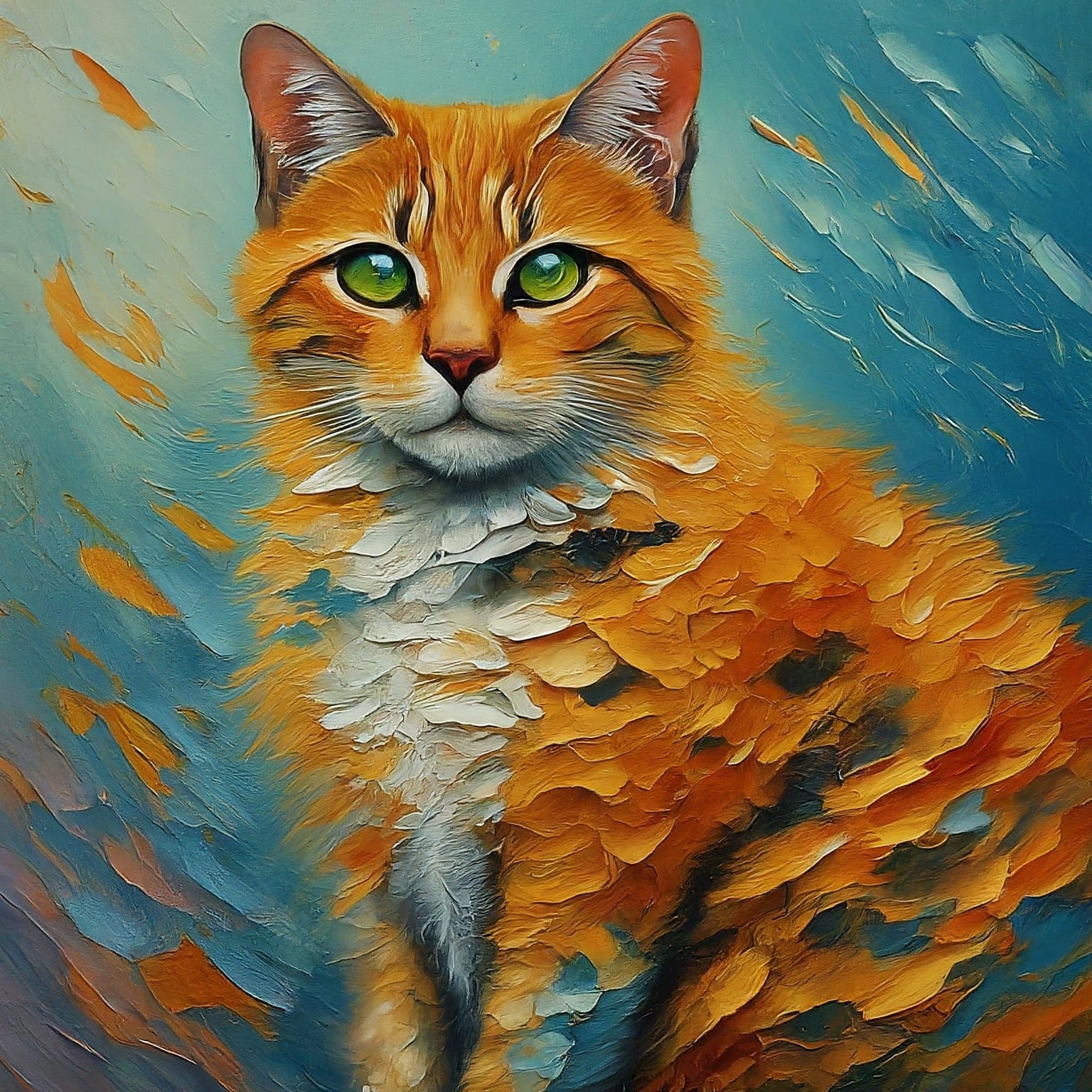 An image that looks like an impasto oil painting of the head and upper body of an orange and white domestic shorthair cat against an aqua background with orange flecked through the background.