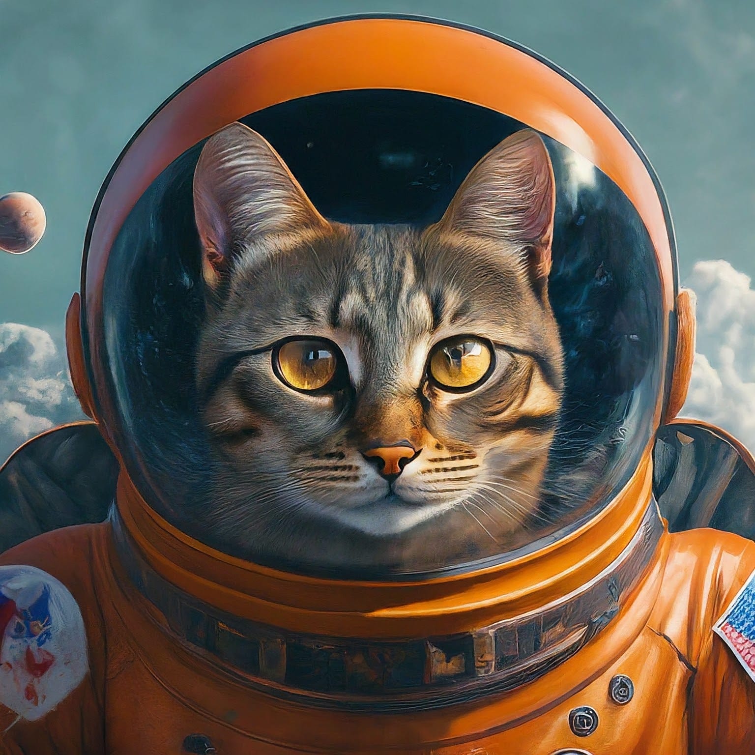 An image that looks like a painting of an light brown and light grey domestic shorthair cat in an orange space suit and helmet against a light blue background with white clouds.