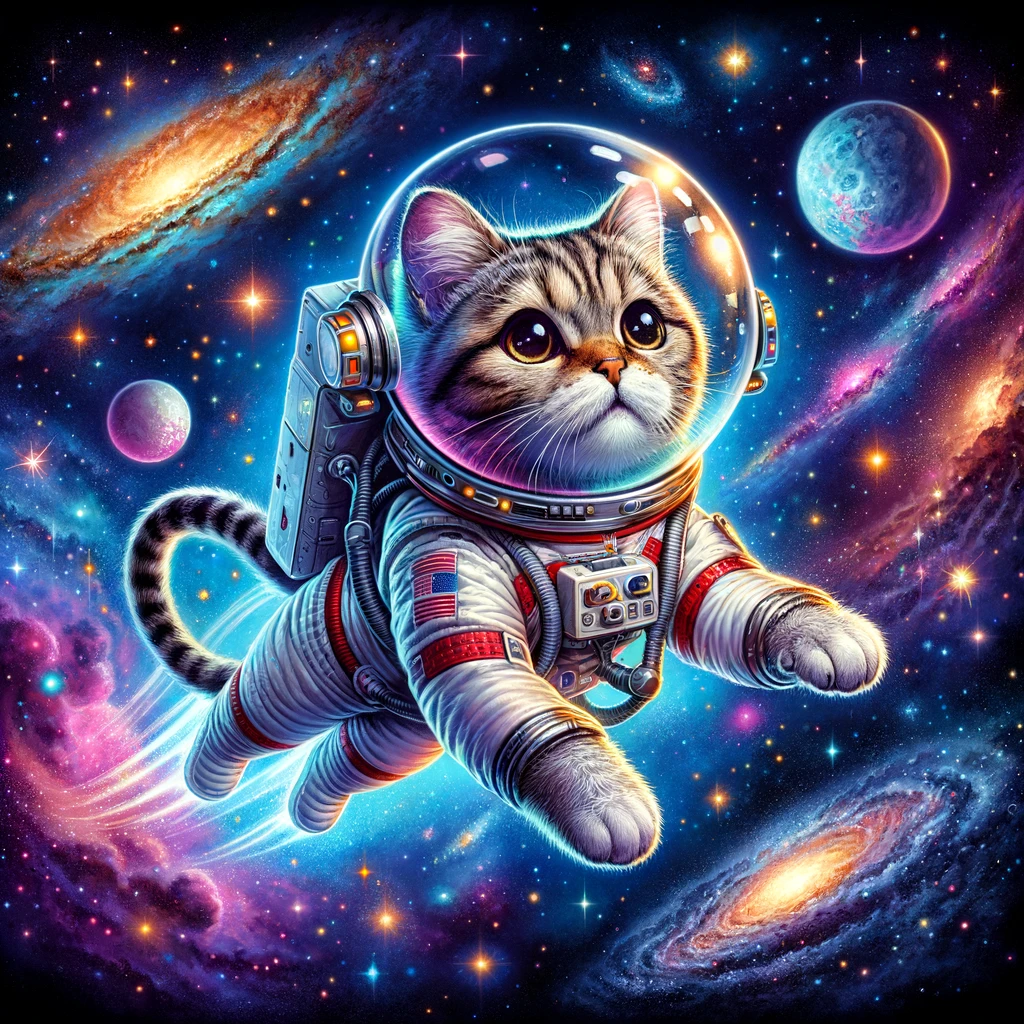 An image that looks like an illustration of a light and dark grey and white domestic shorthair cat in a white space suit that looks like suits astronauts working for NASA wear and helmet floating through space surrounded by bright orange stars, blue and pink planets, orange and blue galaxies and other celestial bodies with purple, blue and pink space dust clouds between them.
