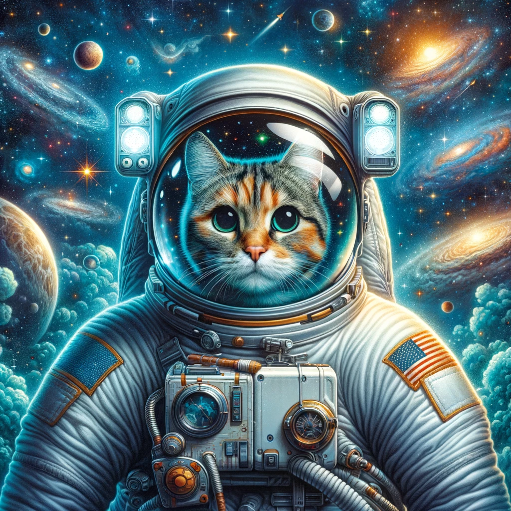 An image that looks like an illustration of an orange, light and dark grey and white domestic shorthair cat in a white space suit that looks like suits astronauts working for NASA wear and helmet. In the background are bright orange and white stars, orange and blue planets, orange and blue galaxies and other celestial bodies with blue space dust clouds between them.