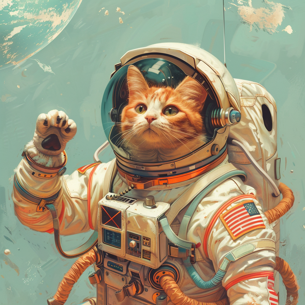 An image that looks like an illustration of an orange and white domestic shorthair cat in a white space suit that looks like suits astronauts working for NASA wear and helmet against a light blue background.