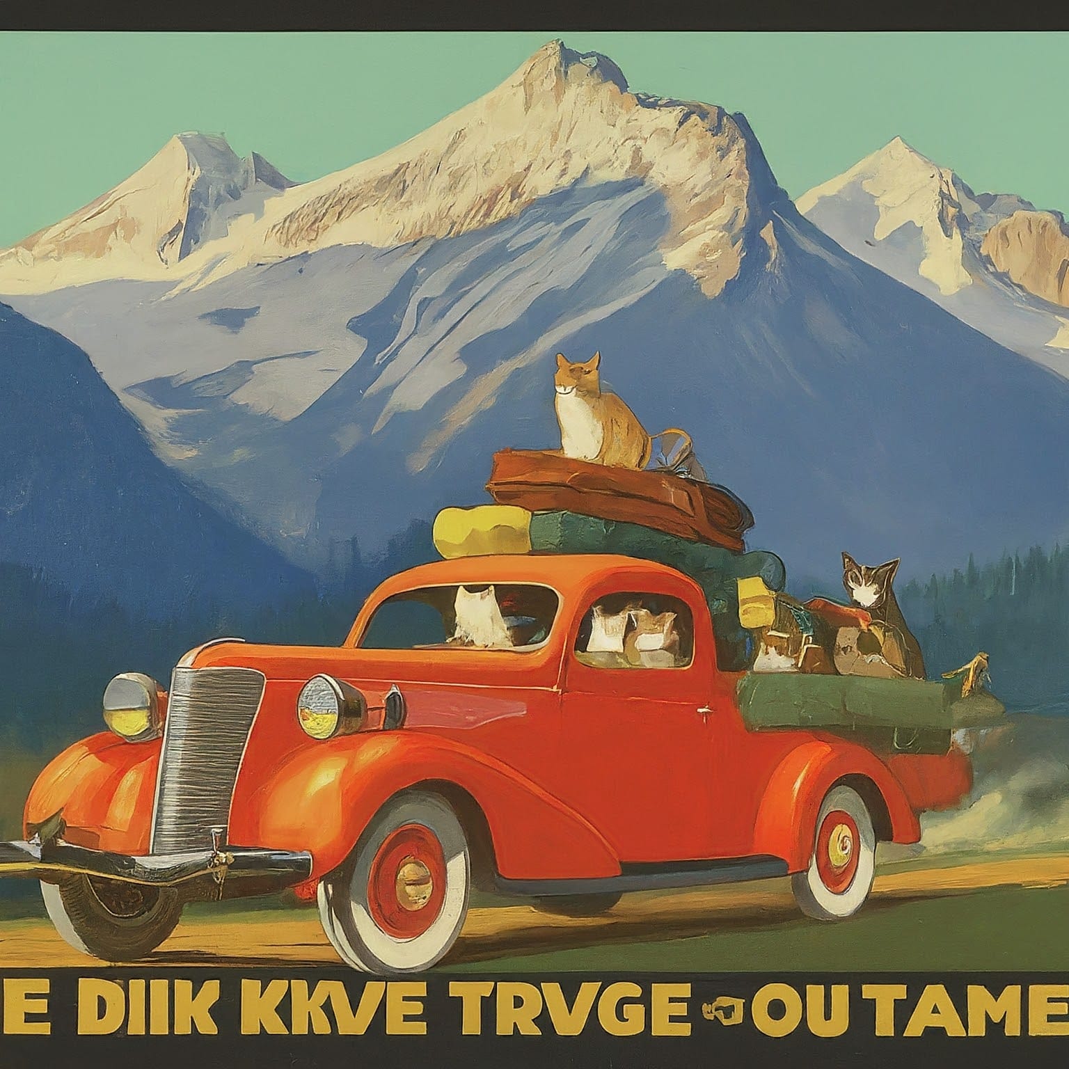 An image that looks like a 1930s illustrated travel poster showing abstract cats in and on a red vintage car with snow-capped mountains and trees behind them.