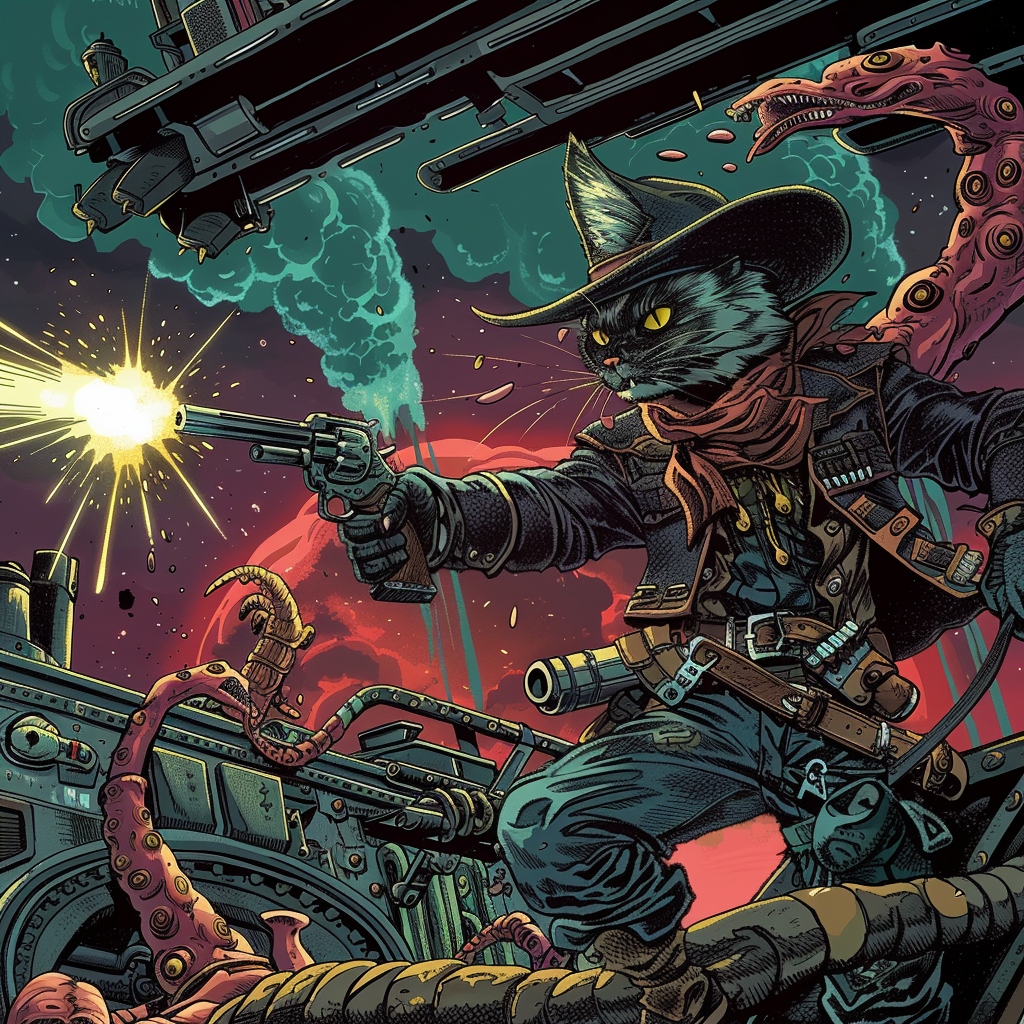 An image that looks like comic book panel showing a humanoid gun wielding black cat wearing a hat flighting off tentacled aliens in a spaceship.