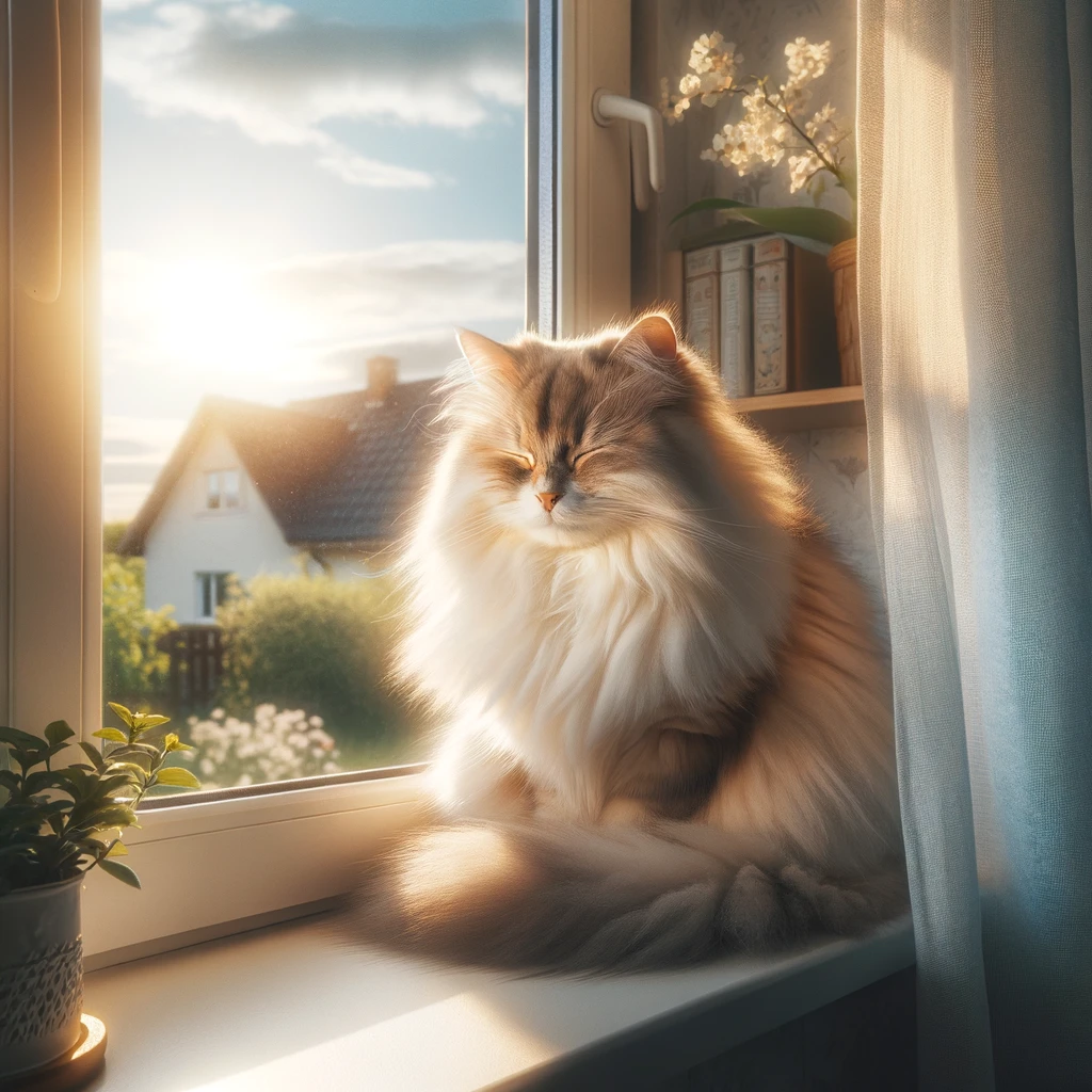 An image that looks like a cartoon showing a fluffy cream, light orange and brown cat sitting on a window sill in the sun with its eyes closed. A small shelf with books and a pot plant are behind it, and another pot plan sits in front of it. Outside the window a small house with dark grey shingled roof can be see across a garden which includes a large hedge with a brown gate in it.