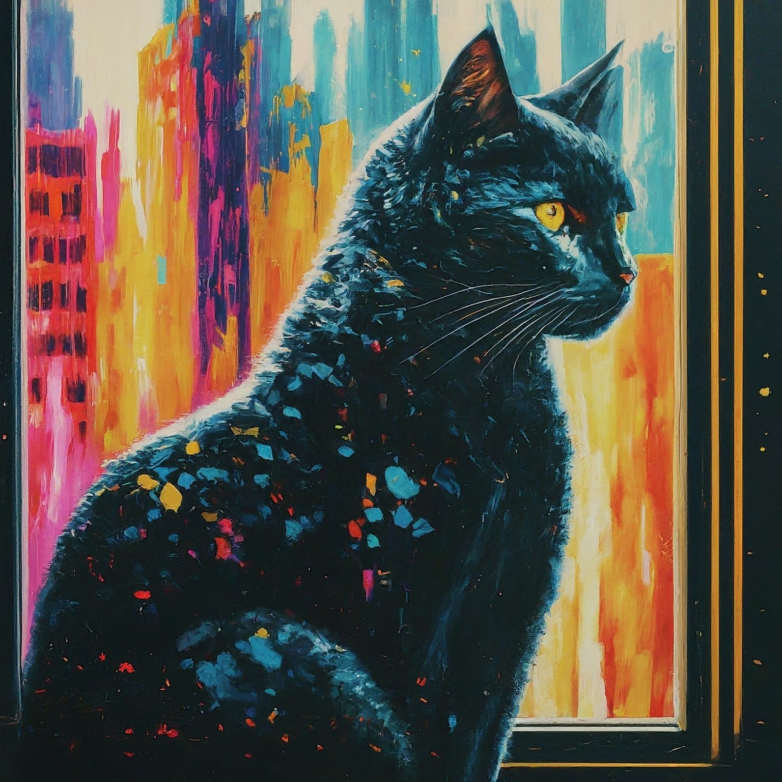 An image that looks like a painting of a black cat sitting on its haunches in a window silhouetted against a colourful red, orange, purple and blue cityscape of high-rise buildings. It's black fur is dotted with abstract dots of pink, yellowy-orange and blue.