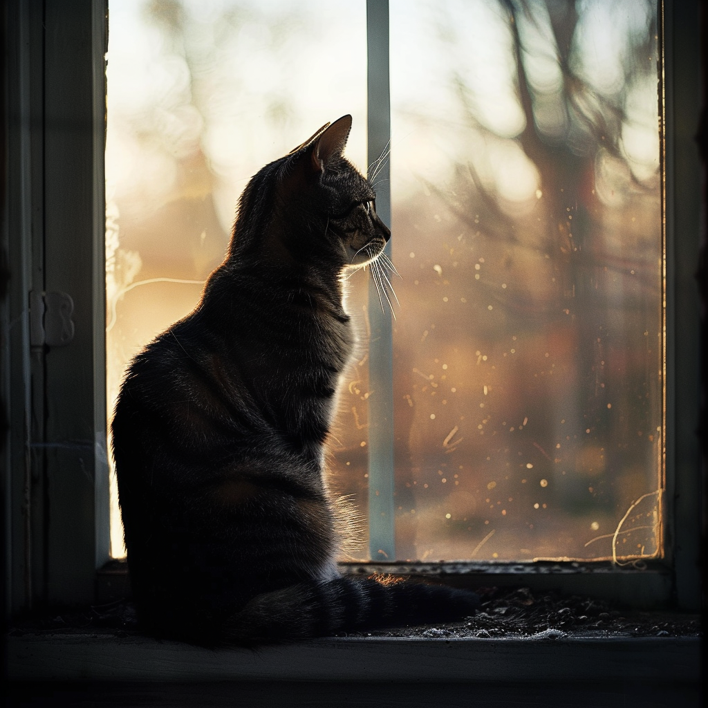 A realistic image of a domestic shorthair cat sitting on its haunches on a window sill silhouetted against a blurred garden scene.