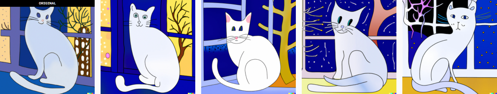 Four images shown together each looks like a simple hand-drawn illustration of a light grey cat sitting on its haunches on a window with either a blue or white four pane window and a leafless tree outside.