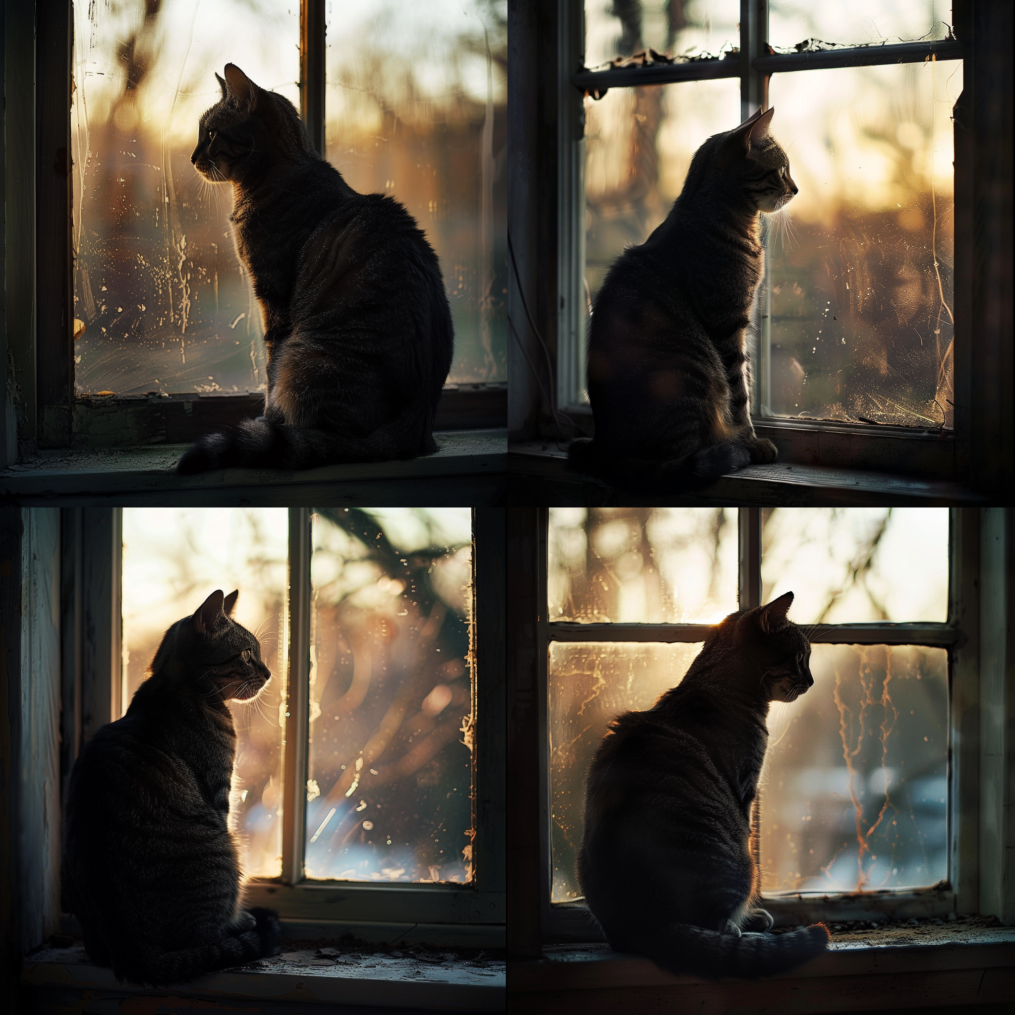 Four realistic images of a domestic shorthair cat sitting on its haunches on a window sill silhouetted against a blurred garden scene. In the top left-hand image the cat is facing left, where as it is facing right in the other three images.