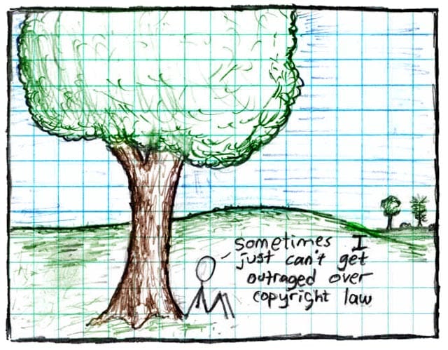 An xkcd comic panel with a stick figure sitting under a leafy tree in a field saying sometimes I just can't get outraged over copyright law.
