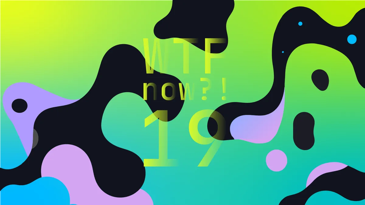 A colourful graphic with numerous dark and purple blobs on a gradient background in greens and blues.