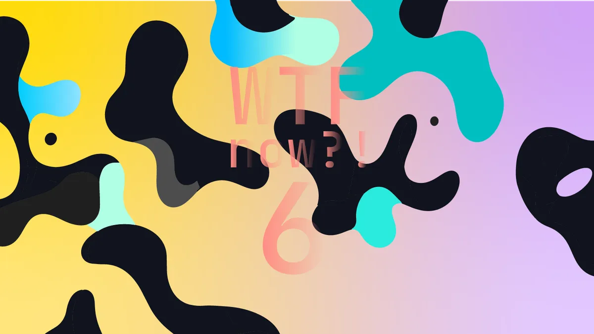 A colourful graphic with numerous dark and aqua and blue blobs on a gradient background in yellows and purples.