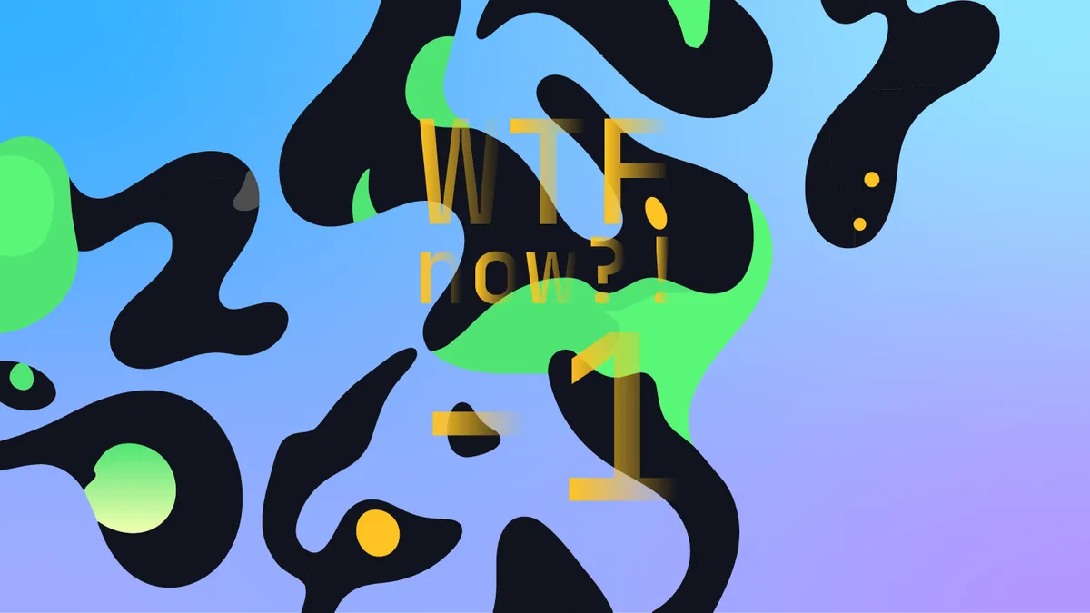 A colourful graphic with numerous dark and green blobs on a gradient background in blues and purples.