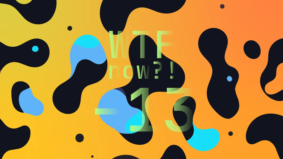 A colourful graphic with numerous dark and blue blobs on a gradient background in yellows and oranges.