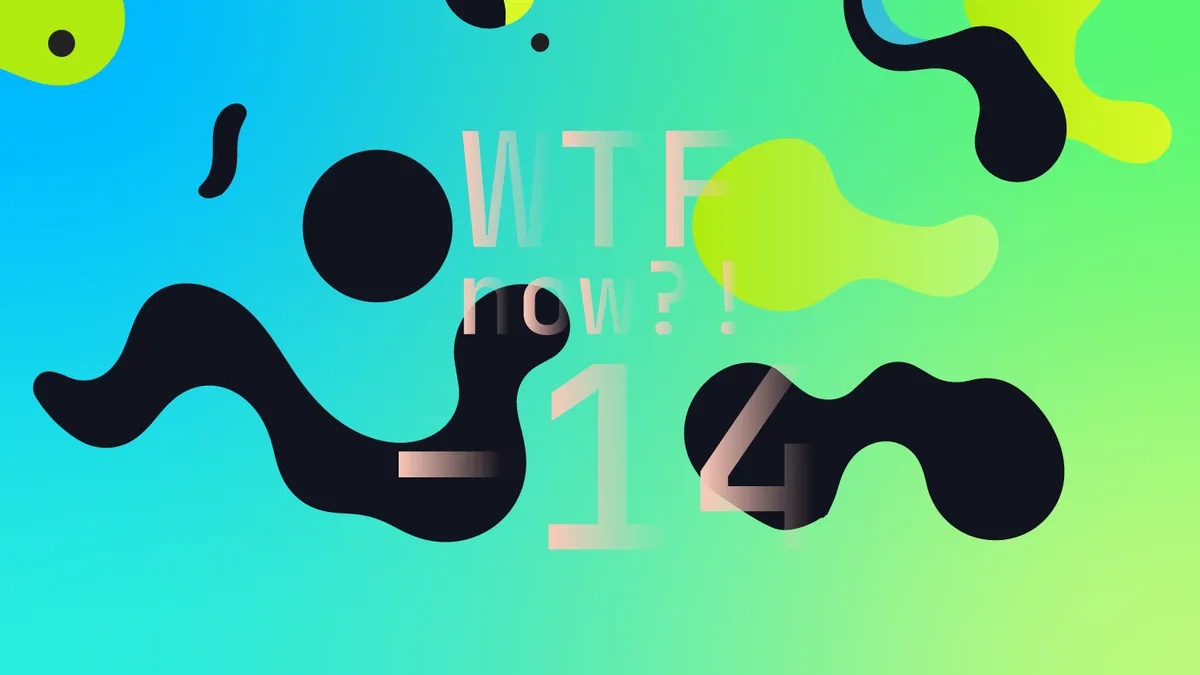 A colourful graphic with numerous dark and green blobs on a gradient background in blues and greens.