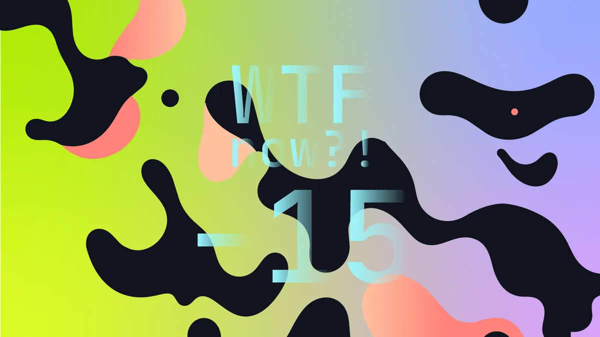 A colourful graphic with numerous dark and pink blobs on a gradient background in greens and purples.