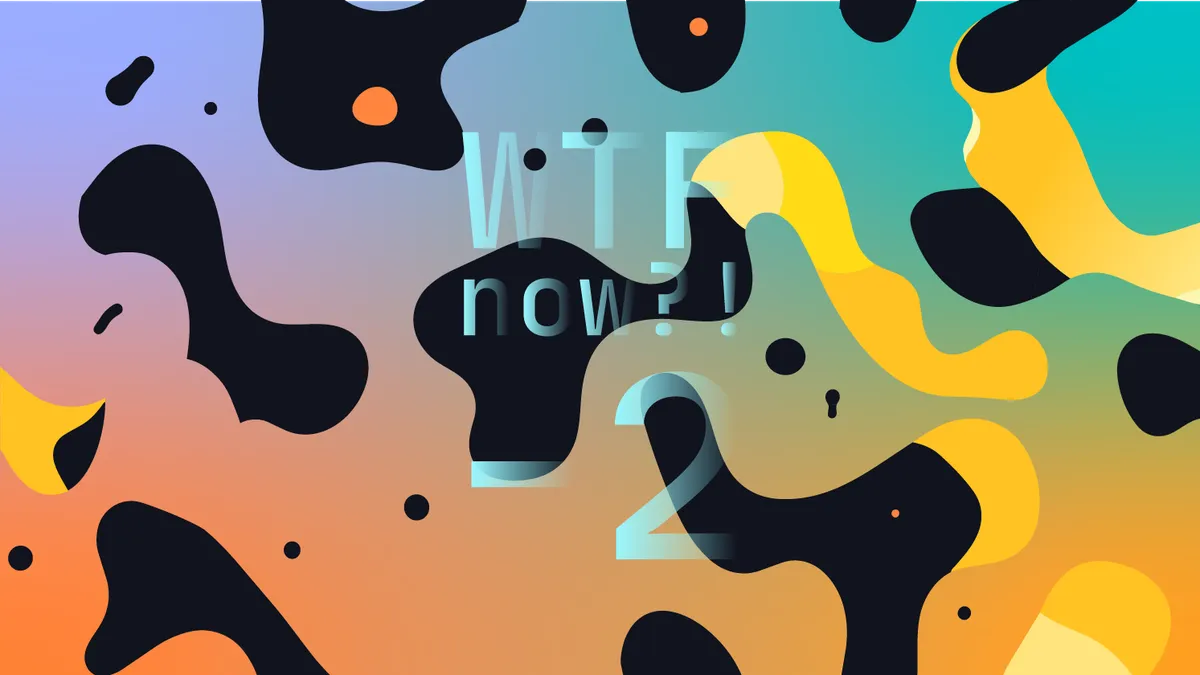 A colourful graphic with numerous dark and yellow blobs on a gradient background in purples, blues and oranges.