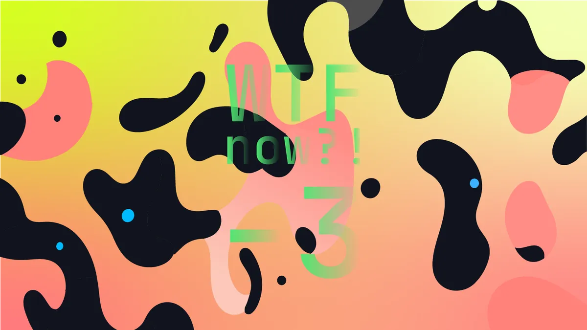 A colourful graphic with numerous dark and pink blobs on a gradient background in greens and pinks.