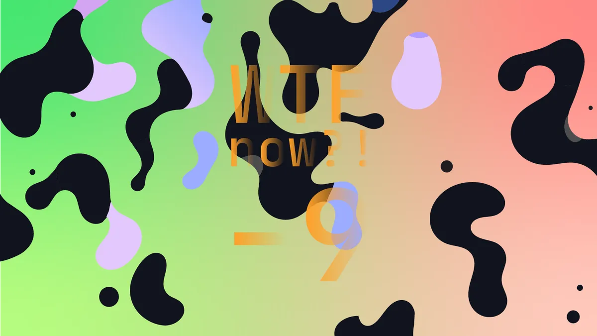 A colourful graphic with numerous dark and purple blobs on a gradient background in greens and pinks.