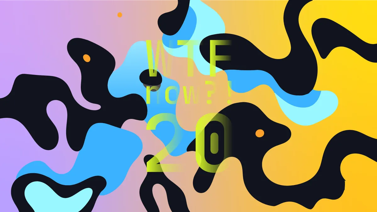 A colourful graphic with numerous dark and blue blobs on a gradient background in purples and yellows.