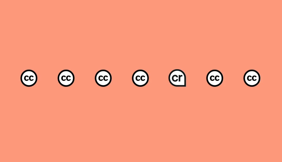 Seven icons that look very similar. Four are the Creative Commons brand icon followed by the Content Credentials pin and then two more of the Creative Commons brand icon.