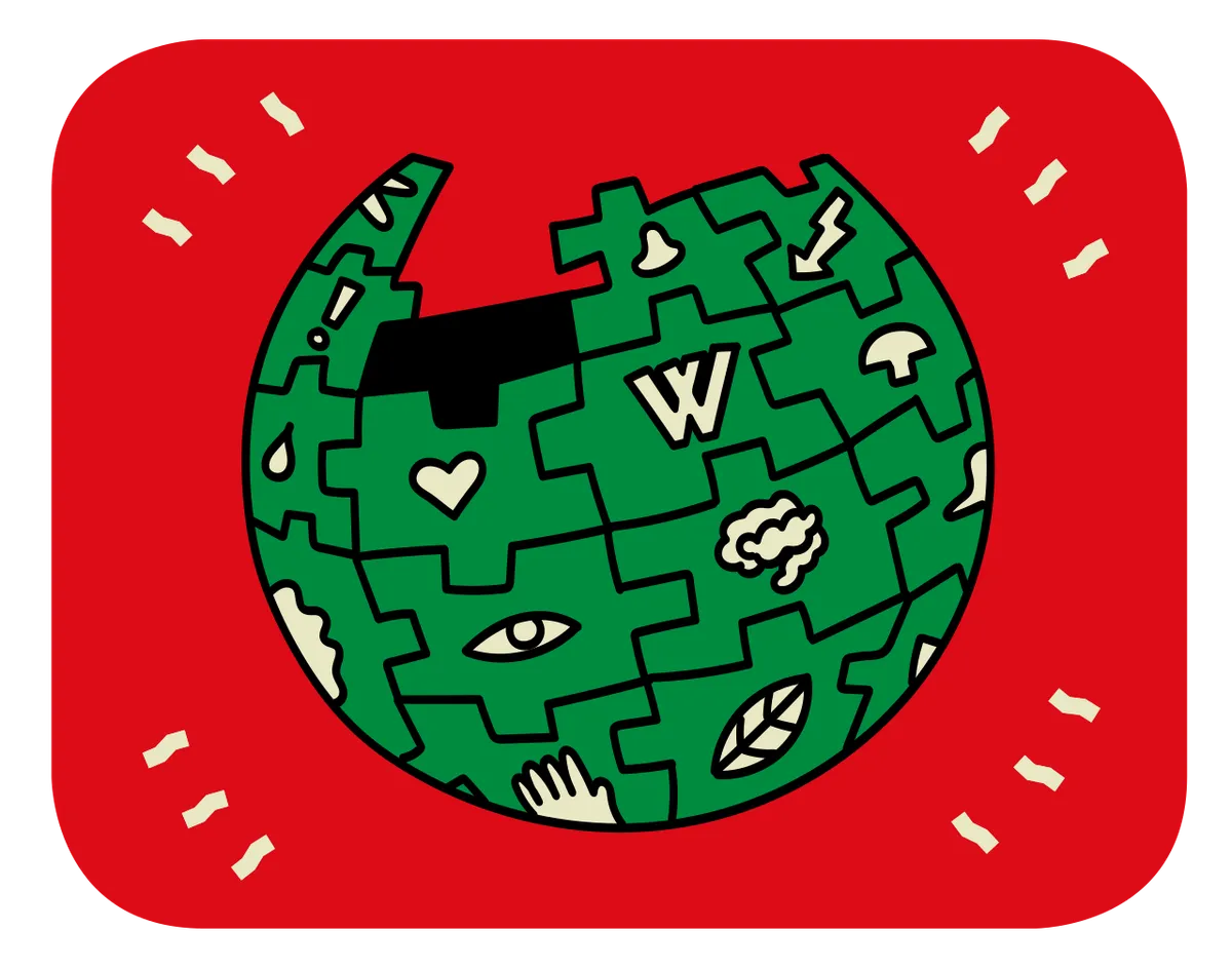 A hand drawn illustration of the Wikipedia logo shown in dark green with icons shown in a light tan colour. It is placed on a bright red background with four sets.