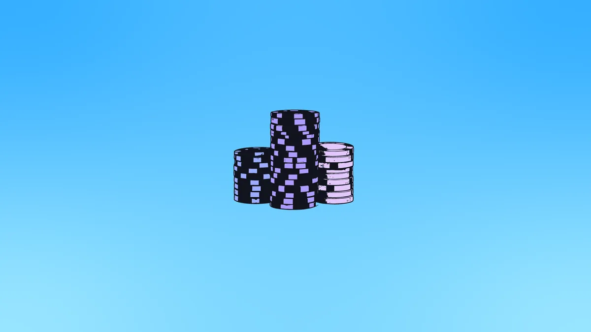 Piles of purple poker chips on a blue gradient background.