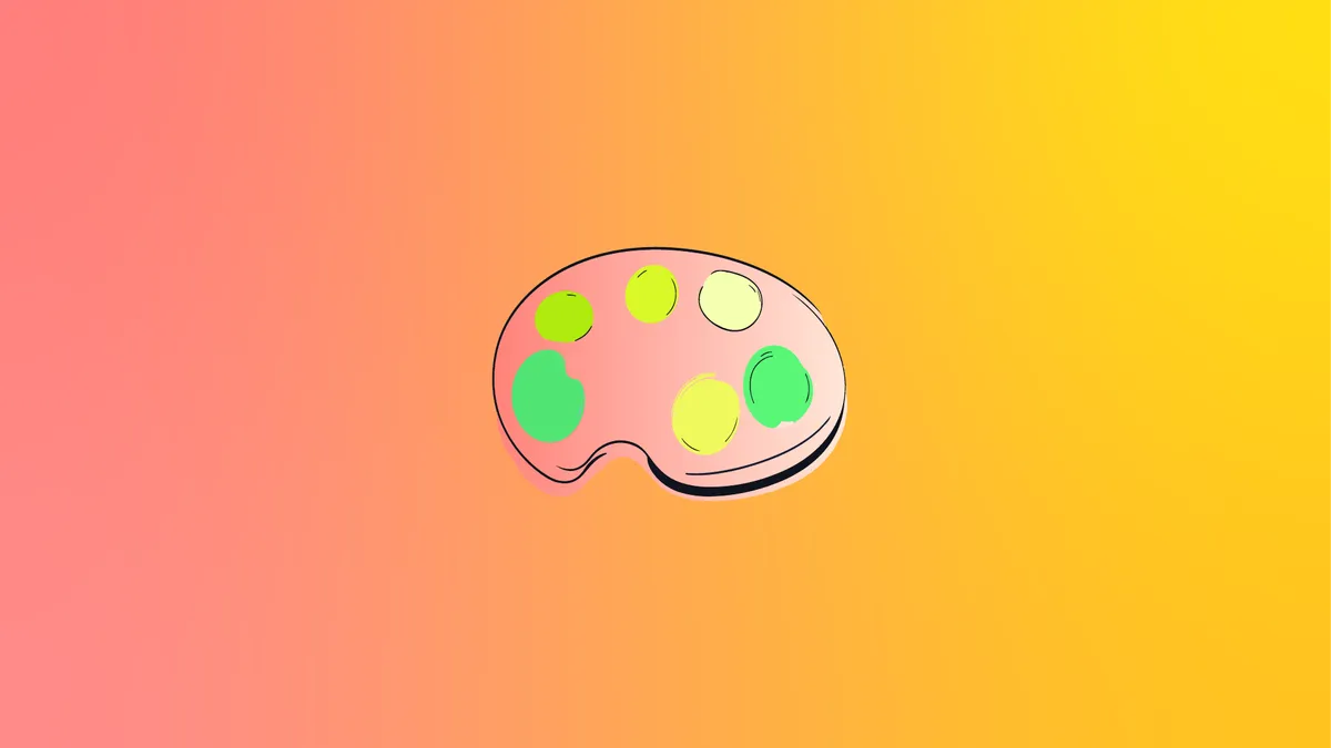 A painter's palette in pinks and greens on a pink and yellow gradient background.