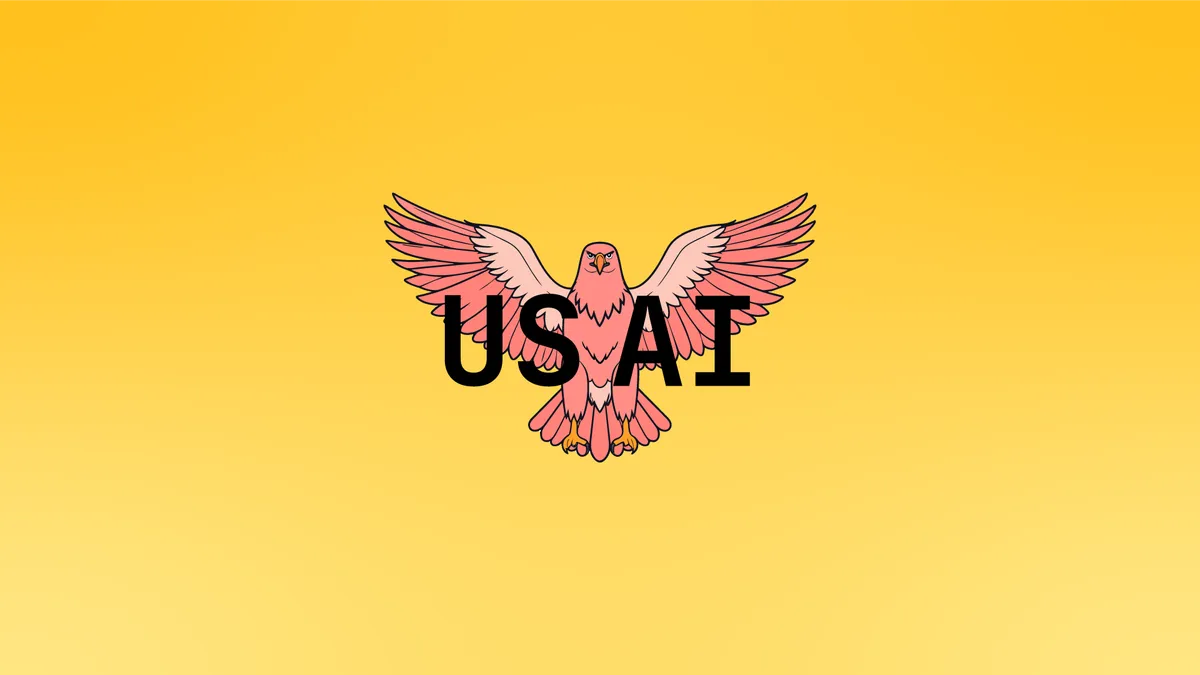 A pink eagle behind the letters US AI, on a gradient background in yellows.