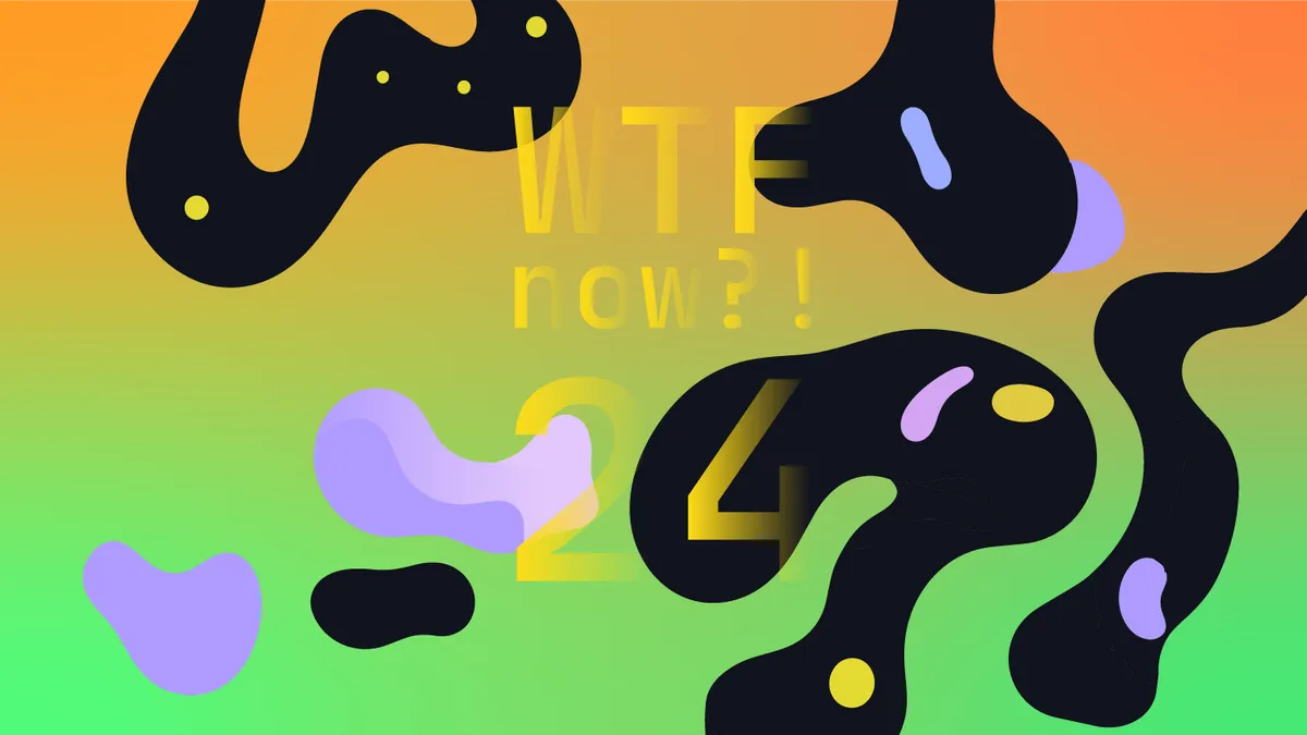 A colourful graphic with numerous black and purple blobs on a gradient background in oranges and greens.