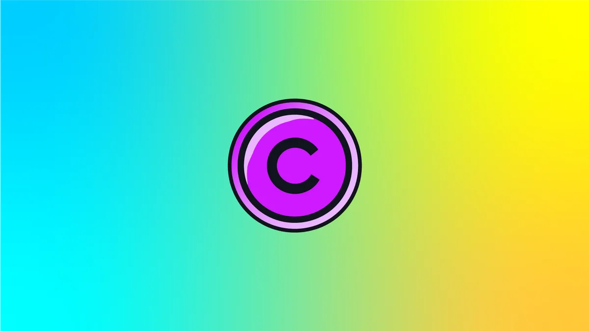 A purple copyright symbol on a gradient background in blues and yellows.