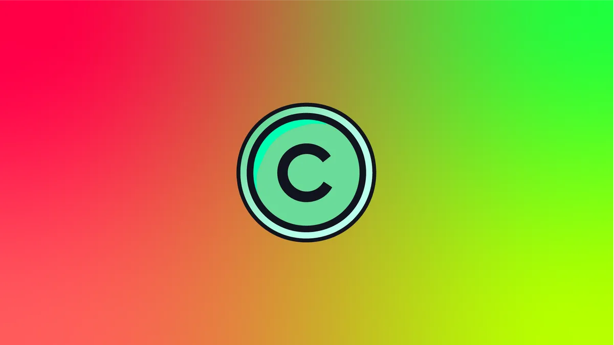 An aqua copyright symbol on a gradient background in reds and greens.