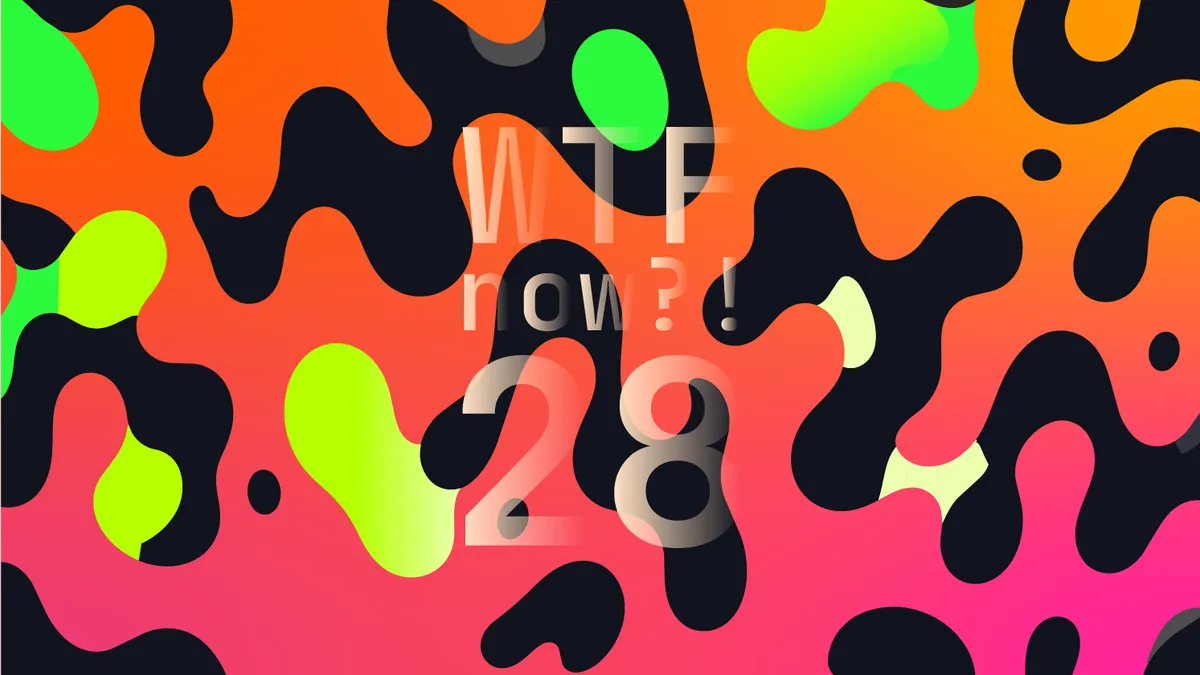 A colourful graphic with numerous black and green blobs on a gradient background in oranges and and pinks.