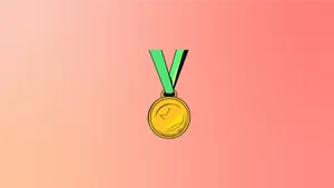 A gold medal with a relief of a star, hanging on a green ribbon on a pink gradient background.