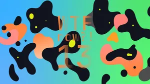 A colourful graphic with numerous dark and orange and pink blobs on a gradient background in blues and greens.