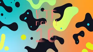 A colourful graphic with numerous green blobs on a gradient background in blues and oranges.