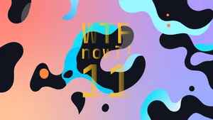 A colourful graphic with numerous blue blobs on a gradient background in pinks and purples.