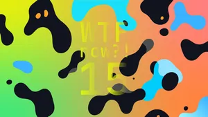 A colourful graphic with numerous dark and blue blobs on a gradient background in greens and oranges.