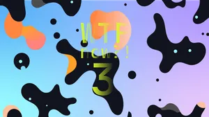 A colourful graphic with numerous dark and orange blobs on a gradient background in blues and purples.