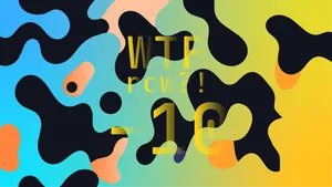 A colourful graphic with numerous dark and orange blobs on a gradient background in blues and yellows.