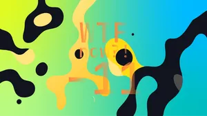 A colourful graphic with numerous dark and orange blobs on a gradient background in greens and blues.