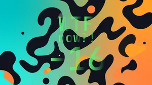 A colourful graphic with numerous dark and oranges blobs on a gradient background in blues and oranges.