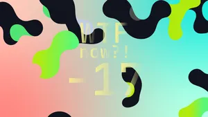 A colourful graphic with numerous dark and green blobs on a gradient background in pinks and blues.