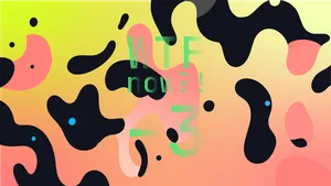 A colourful graphic with numerous dark and pink blobs on a gradient background in greens and pinks.